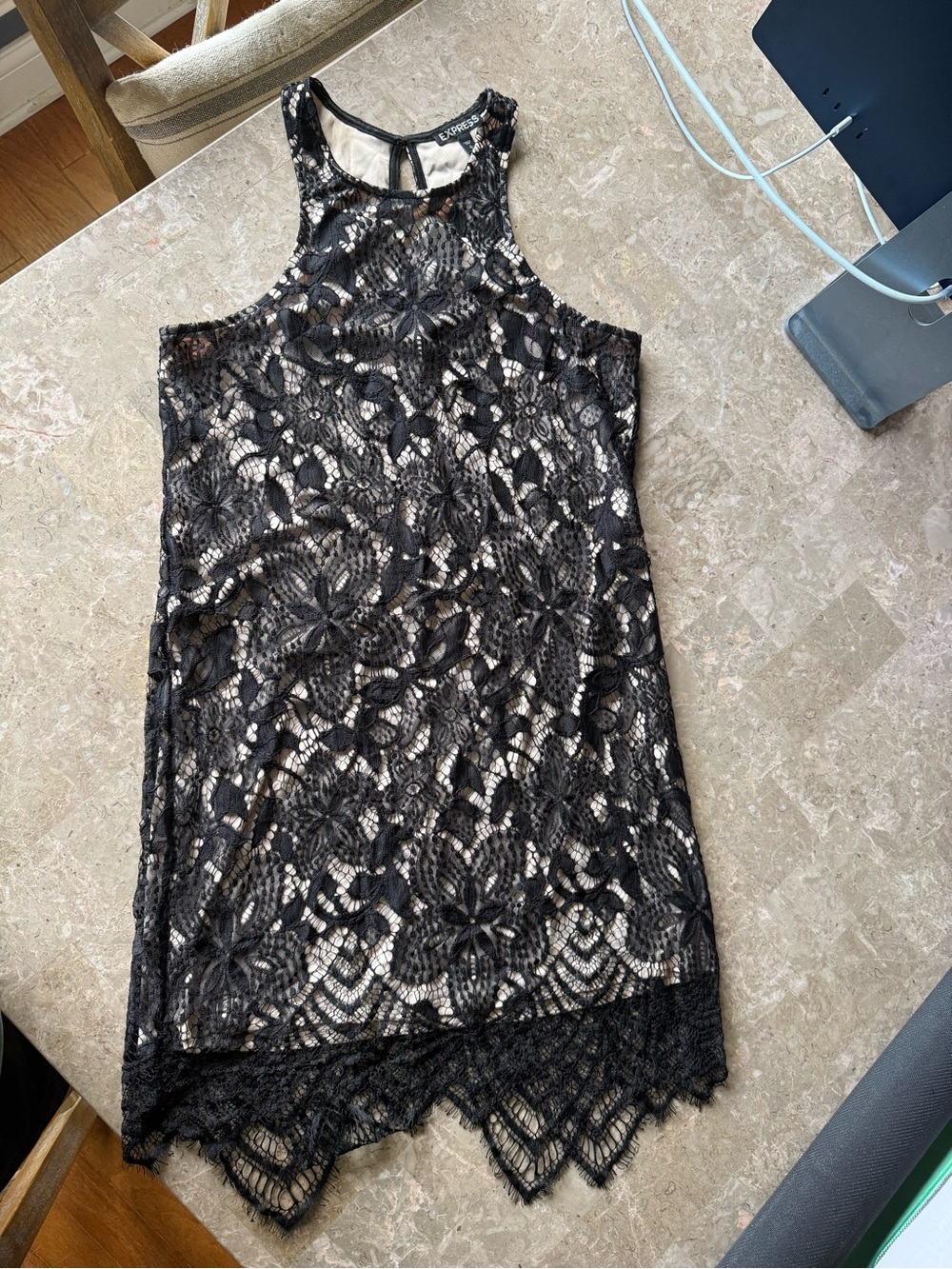 Express Black Lace Overlay Dress with Nude Underlayer
